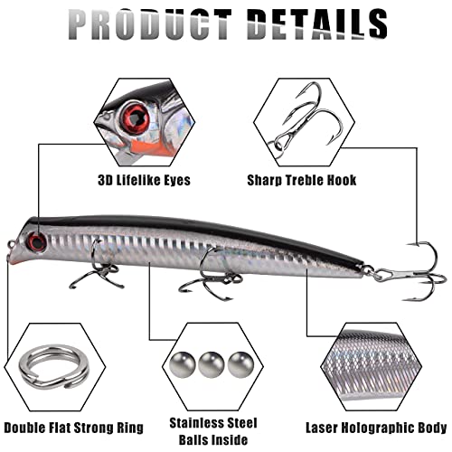 Saltwater Fishing Lures Kit - 6Pcs 5In Minnow Plugs Crankbait Popper Jerkbait Hard Baits Surf Fishing Lure Black Silver With Strong Treble Hooks Artificial Baits For Bass Salmon Striper Trout #TOP5