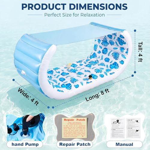Image of Giant Inflatable Pool Float with Shade, 157 inch x 36 inch Extra Large Floating Couch Island Cabana Luxury Lounger with Canopy, Cup Holders, Backrest, Handle, Electric Air Pump for 2 Adults, Tropical Print