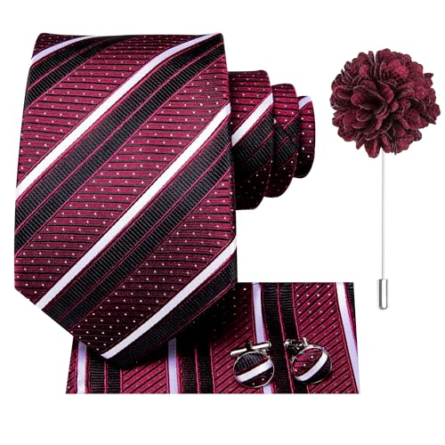 Image of Hi-Tie Men Silk Ties Set with Flower Lapel Pin Necktie Pocket Square Cufflinks for Tuxedo Wedding Business