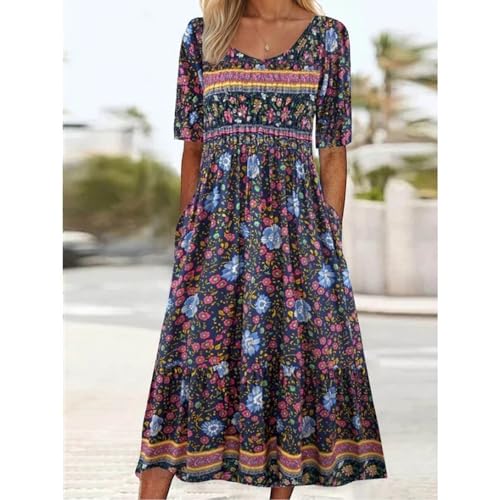 Image of Women's Boho Floral Maxi Dress Casual Boho 2026 Summer Short Sleeve Beach Dresses with Pockets