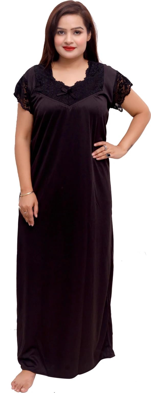 Women's Full Length Nighty, Soft Comfortable Maxi Nightgown with Floral Lace Neck & Sleeves, Relaxed Fit Sleepwear Lounge Dress,-picture-36