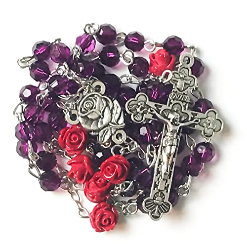Lourdes Purple Crystal Cut Red Rose Catholic Rosary Beads for Women - Necklace and Gift2