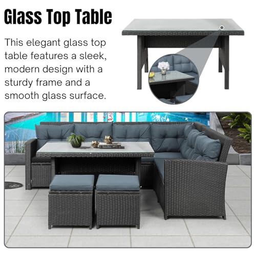 Image of DEVOKO 5 Pieces Patio Outdoor HDPE Wicker Dinning Set, Outside Couch with Table for Porch, Lawn, Garden, Backyard (Black and Grey)