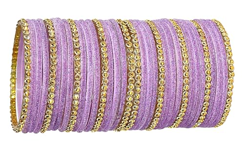 Image of NMII Premium Glass & Golden Beads Velvet Bangle Set For Women and Girls | Velvet Chudi | Traditional Chudi Set | Designer Girl's Bangles Bracelet | Wedding, Party, Festive, Daily- Set of 34
