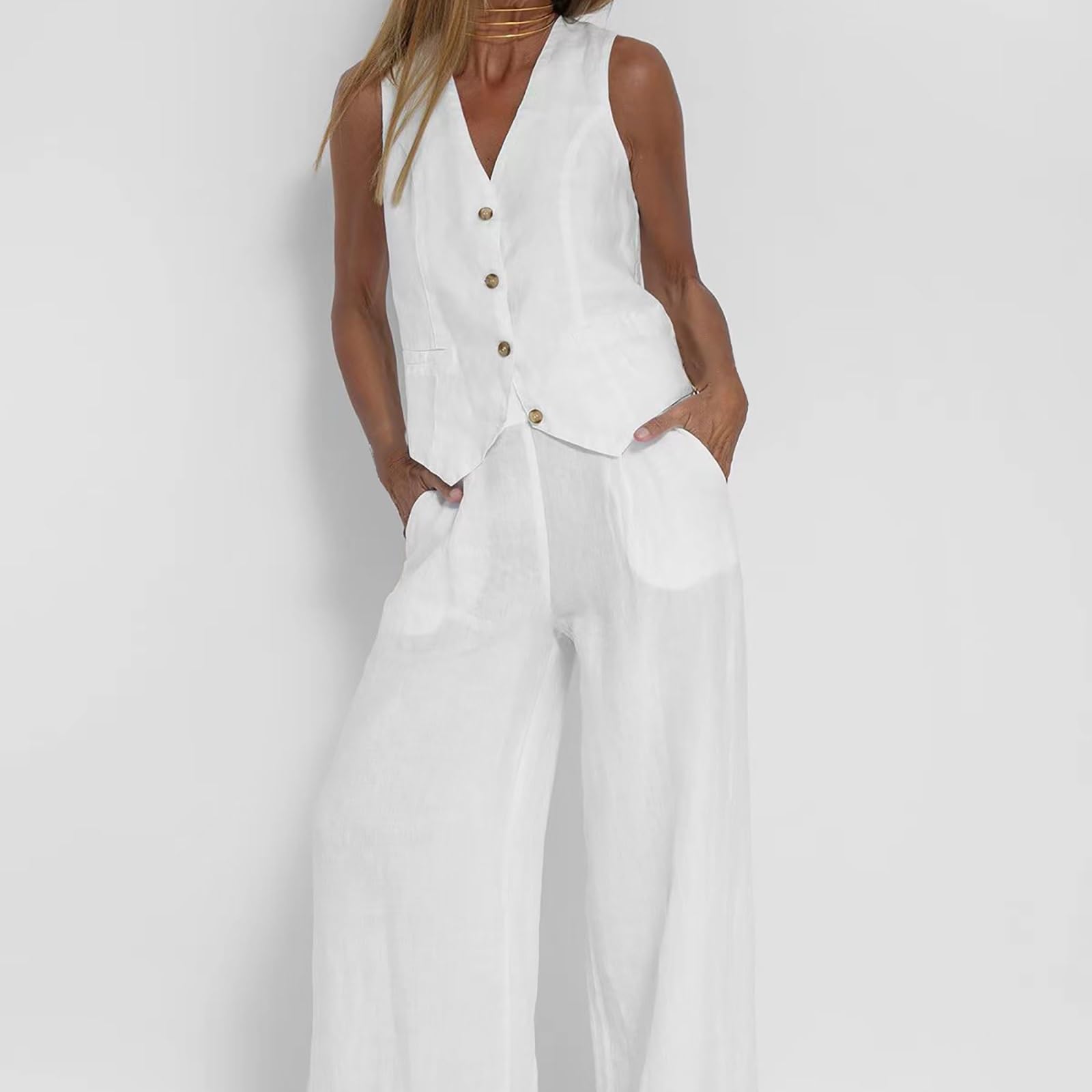 Abito in Lino da Donna Elegante per il Tempo Libero Completo Estivo in Lino in Due Pezzi Blazer Senza Maniche Gilet e Pantaloni con Scollo a V Completo in 2 Pezzi Tailleur Casual Tinta Unita