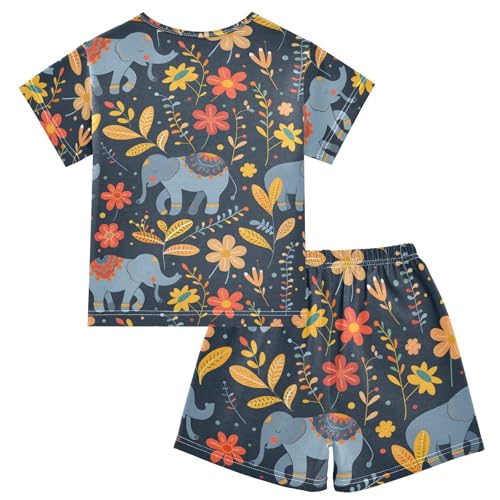 ALAZA Elephant Flower Floral Print Pajamas Short Sleeve 2 Piece Sleepwear Top and Bottom Pajama Set Unisex2
