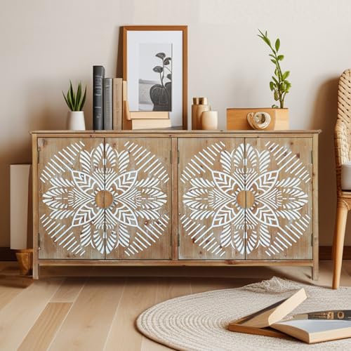 Image of DAPHOHAVEN Carved Wood Sideboard Cabinet - Entry Way Accent Cabinet with Doors, Side Buffet & Storage for Living Room