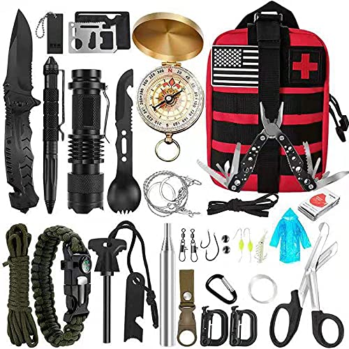 scosao Kit de Supervivencia 21 en 1 Multifuncional Bolsa de Supervivencia de Emergencia, Kit de Supervivencia Militar y Botiquín de Primeros Auxilios, para Caminar Senderismo,Viajes o Aventuras,Red