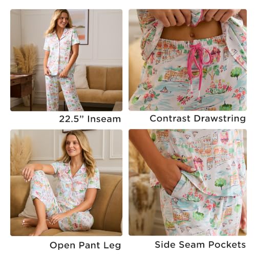 Image of Cuddl Duds 2 Piece Short Sleeve Capri Matching Pajamas for Women PJs Set | Cropped Capris Pants & Button Up Top, Sleepwear & Loungewear, Cute Sleep & PJ Set, Soft Lightweight & Breathable Pajamas