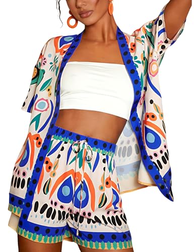 TUREAU Women Boho Tropical Print Beach Cover Up Shorts Set 2 Piece Summer Lounge Outfit Lightweight Swimwear Matching Outfit, Royal-Blue L