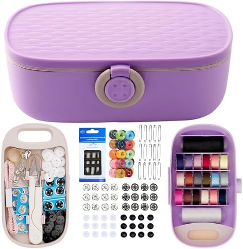 WANSHUNLMI Purple Sewing Project Kit, 140 Pcs Travel Family Sewing Supplies Repair Kit Portable Small Traveler Sewing Kit Sewing Thread Accessories DIY Sewing Supplies Organizer (Purple Sewing Kit)