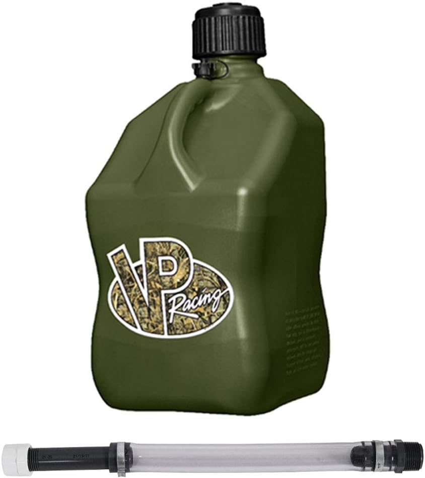 VP Racing 3842-CA, 5.5-Gallon Square Motorsport Jug Camo (1 Pack) w/ 14" Standard Hose (1 Pack) Close-Trimmed Cap and Neck for Tight Seal