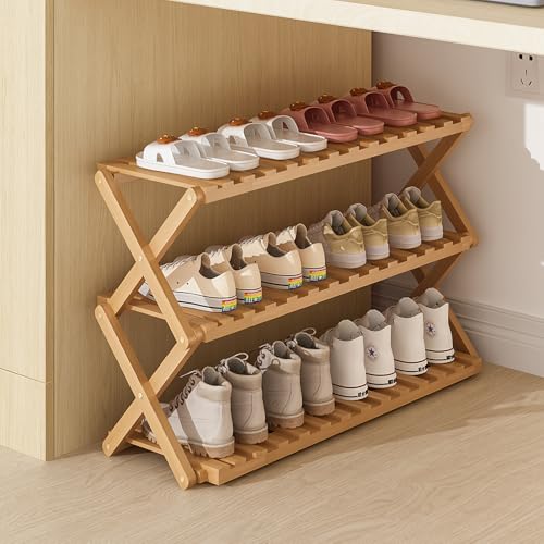 SKW 竹製 折りたたみ シューズラック 組み立て不要、玄関 コンパクト 多機能 収納 (ナチュラル, 幅70cm (3層))