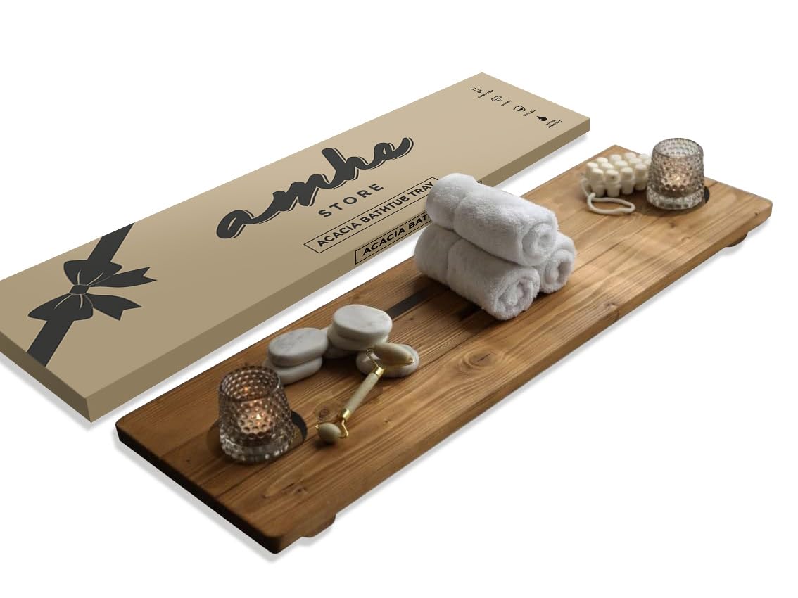 Amhe Store! Luxury Rustic Acacia Wood. Durable, Water-Resistant, Minimalistic, Adjustable 35x9 Inches. Lovely Gift - Box. Bath Tub Tray Wood - Bath