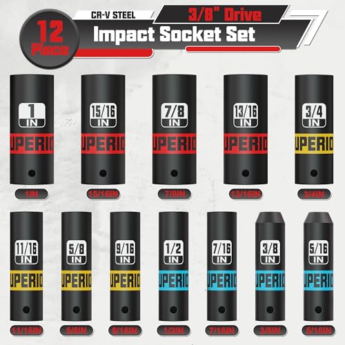 Image of 12 Piece 3 /8 inch Drive Impact Socket Set, 5 /16 inch- 1 inch Deep Socket, SAE, 6 Point, CR-V, Automotive Motorcycle and Bicycle Maintenance, Machinery Manufacturing