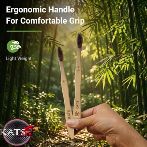 Image of KATS Organic Bamboo Toothbrush for Adults (Pack of 2), Charcoal Activated Soft Bristles, Identification Marks, Biodegradable, Anti-Bacterial, Eco-friendly, Natural, Manual