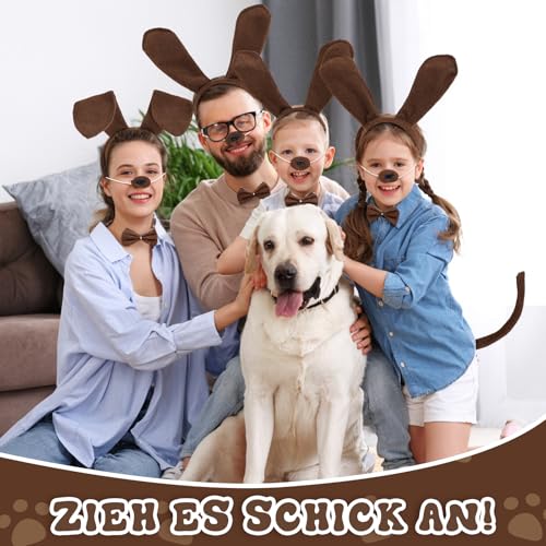 Jokureao 5Stück Welpen-Kostüm-Set, Hund Stirnband Ohren, Fliege, Schwanz, Pfote Handschuhe, Tier Welpen Hund Kostüm Set für Erwachsene Kinder Karneval Welttag des Buches Cosplay Party