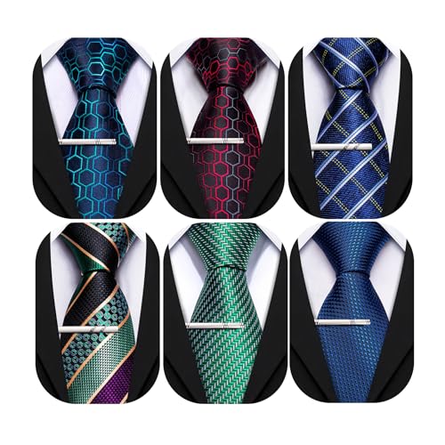 Image of Barry.Wang Mens 6 PCS Ties Silk Striped Paisley Check Floral Necktie Silky Woven Wedding Business Party Ties 3.34 inch