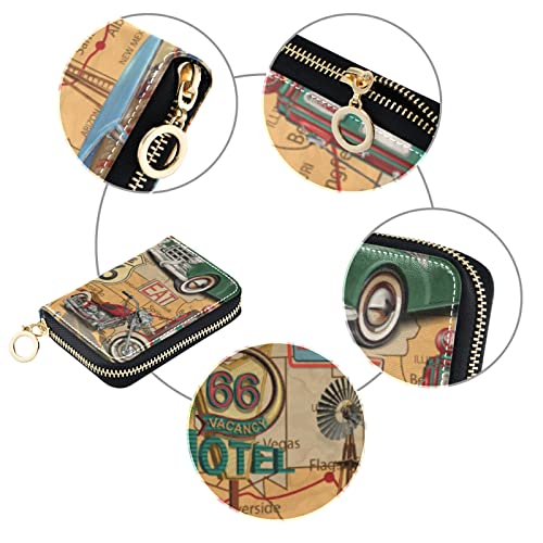 Vintage Route 66 Poster Blue, Yellow, Green Cars Motorcycle USA Flag Grey Credit Card Coin wallet, RFID Blocking Compact Women Leather Card Holder, Key Change Organizer, Zipper Purse Clutch Pouch3