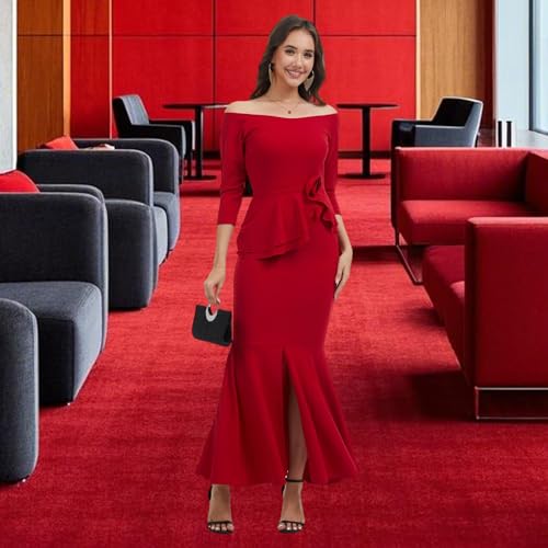 Image of Women's Elegant Formal Mermaid Maxi Dress Off Shoulder Long Sleeve Wedding Split Evening Gown Prom Cocktail Party Dresses
