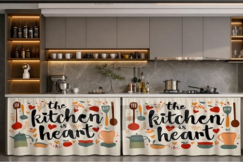 Image of Under Sink & Counter Curtain for Modular Kitchen - Printed Fabric Rod Pocket Hanging Skirt, Washable Under-Counter Cover, Pack of 2 Panels (Each Panel: 150 x 70 cm) (Kitchen Heart)