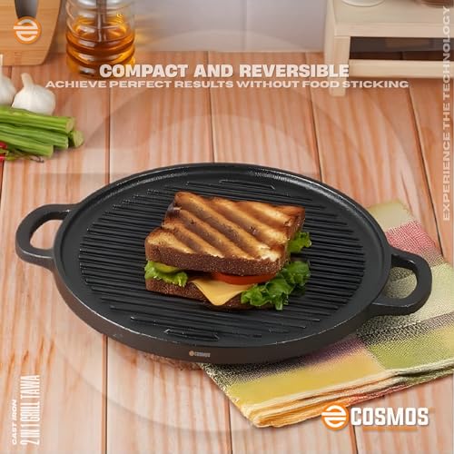 Image of E-COSMOS 2-in-1 Cast Iron Reversible Grill & Tawa Pan | 30 cm Dual Surface Cookware | Non-Stick Coating | Gas, Induction, & Oven Safe | for Roti, Dosa, Grilling Steak, Fish (2 in 1 Grill Tawa)