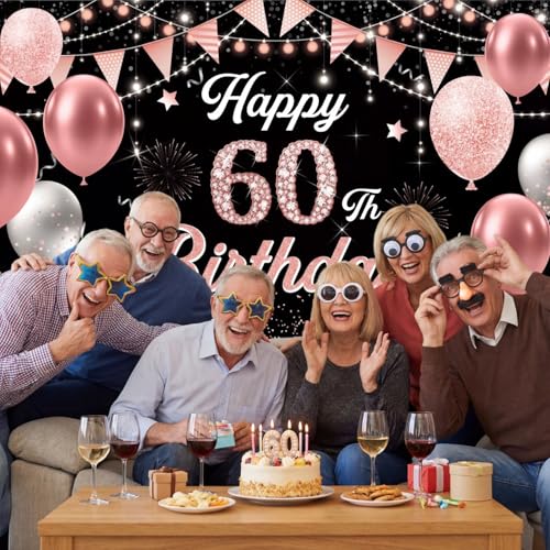 Image of 60th Birthday Decorations for Women - Happy 60th Birthday Banner Decorations Cheers to 60 Years Birthday Party Indoor and Outdoor Decoration Suppiles Pink Backdrop for 60th Birthday Party Favors Decor