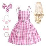Cotpoddy Robbie Costume Girls Movie Doll Costume With Wig Pink Plaid Dress Robbie Outfit for Kids Halloween 7-8 Years