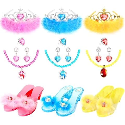 Mastom Princess Dress Up Shoes Set, Toddler Pretend Jewelry Boutique Kit, Girls Role Play Dress Up Toys, Princess Shoes Crown Necklace Earrings Ring Gift Set for Little Girls Aged 3-6 Years Old Cover