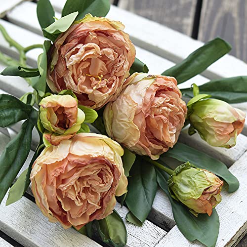Image of FiveSeasonStuff Vintage Dusty Coral Pink Peonies - Artificial Silk Flowers with Intentional Aged, Naturally Textured Petals, 6 Stems