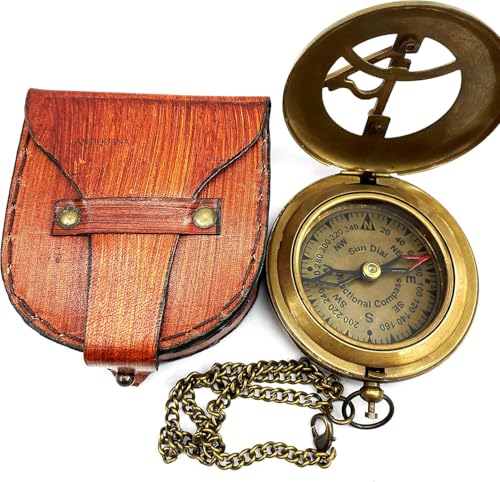 Brújula de bolsillo vintage de latón y cobre con reloj de sol funcional para navegación marítima, camping y senderismo con estuche de cuero miniatura 3