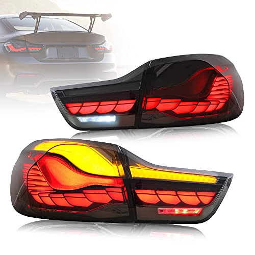 VLAND OLED 4 Series Smoked Taillights W/Sequential Turn Signal Compatible for [BMW M4 GTS F32 F33 F82 F36 F83 2014-2020 Sedan/Coupe/Convertible] W/Dragon Scales dynamic Running Light,YAB-BW4-0391S