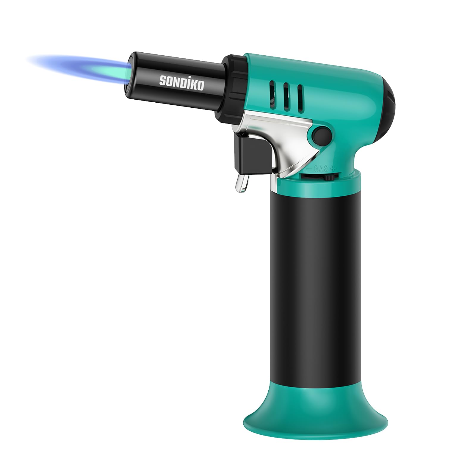 Sondiko Cyan & Black Kitchen Blow Torch With Fuel Gauge S907, Refillable Soldering Torch Lighter With Safety Lock And Adjustable Flame For Desserts, Creme Brulee, Welding, (Butane Not Included)