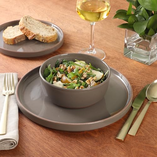 Image of Gibson Elite Northrock Stoneware Dinnerware Set, 12-Piece Service for 4 Plates and Bowls Set - Gray Dishes with Hand-Painted Terracotta Base