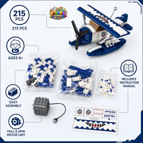 Image of Yashoni Sea Plane Building Blocks Set - 215 Pcs Biplane Aircraft Model | Pull String Propeller Action, STEM Construction Toy for Kids 6+ Boys & Girls | Educational 3D Building Kit, Gift