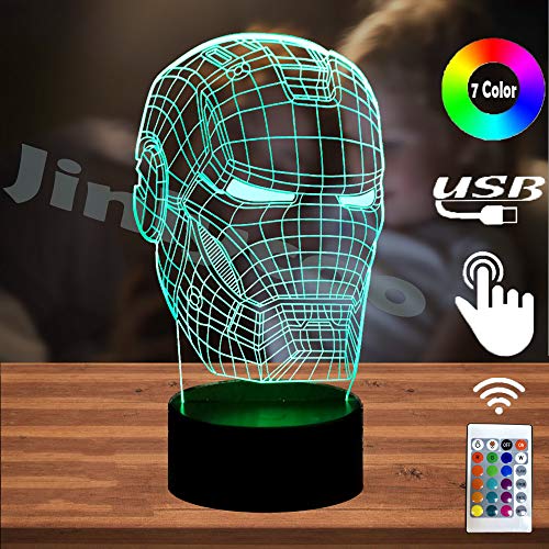 Lampe de masque Iron Man Marvel Avengers,Lampe de chevet LED 3D Illusion en acrylique USB Smart Touch et Télécommande Lampe de table Multicolore Décor de chambre d'enfants Noël(Iron Man Head)