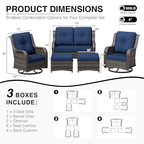 Image of Joyside 5 Piece Wicker Patio Furniture Set, Outdoor Swivel Rocker Patio Chairs with High Back, Deep Seating, Wide Armrest, Thickened Cushions, Outdoor Furniture for Deck, Porch Use