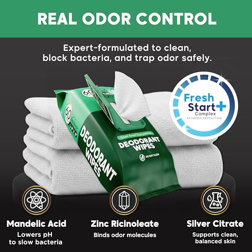 Image of XL Deodorant Wipes for Men - 60 Ct. + 4 Travel Body Wipes Individually Wrapped - 8 inchx8 inch Odor Eliminator Towelettes for Underarm, Body, Feet - pH Balanced Armpit Smell Remover for Gym & Post Workouts