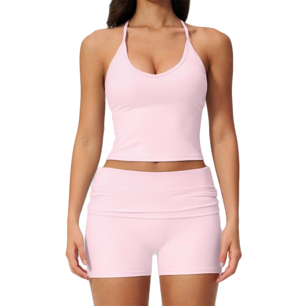 XYFfybhsd Women's Breathable Lightweight Yoga Sports Wear Tank Top Two Piece Gym Jogging Biker Shorts Set (Size:L,Color:Pink)