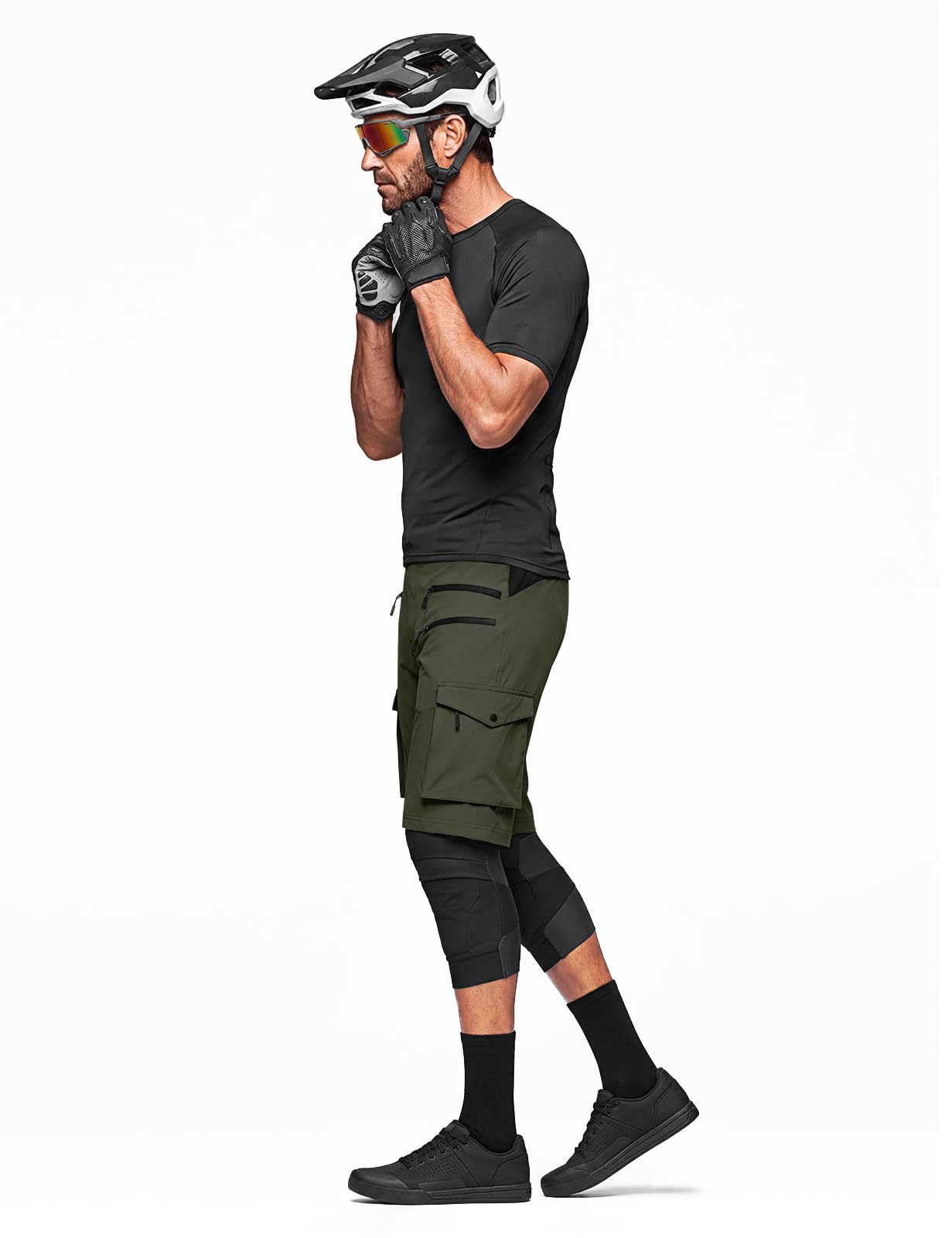Hiauspor Pantalones Cortos de Ciclismo de montaña para Hombre, de Secado rápido, con Bolsillos con Cremallera MTB Trekking (Multi-Verde, L)