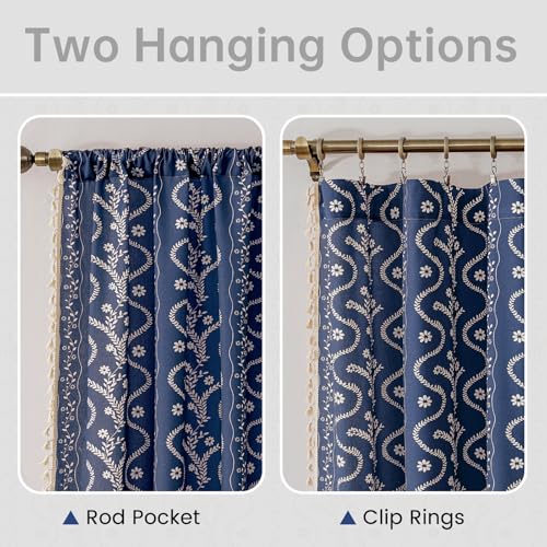 Image of Navy Blue Boho Curtains 72 Inch Long for Living Room, Bedroom, 2 Panels Floral Farmhouse Vintage Tassel Semi Sheer Light Filtering Privacy Window Curtain Drapes with Rod Pocket, Navy Blue