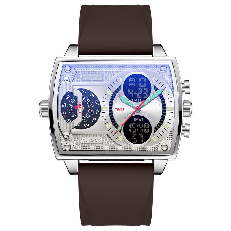 Image of Giordano Square Hybrid Analog-Digital Watch for Men - Triple Time Zone Display with Quartz Precision and Durable Sport Grade Silicone Strap - GZ-50161