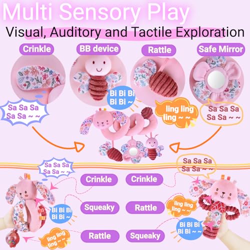 Image of Baby Spiral Car Seat Toys for Babies 0-6 Months Girl, Stroller Hanging Stuffed Animal Carseat Crinkle Rabbit Toy 0-3-4-5-6-7-8-9-12 Month, Newborn Infant Toddler Birthday Gifts Set Bunny 3PCS