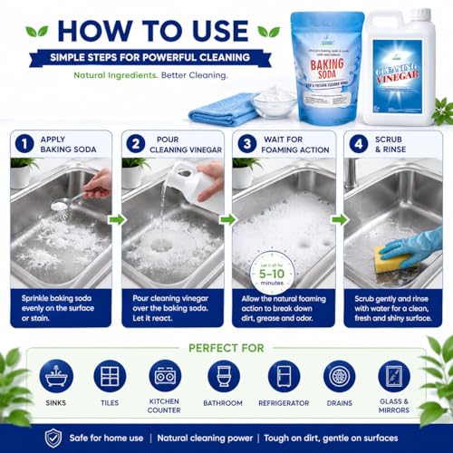 Image of VITSZEE White Cleaning Vinegar 1L & Baking Soda Powder900g Combo Pack | Multipurpose Household Cleaning Bundle | Kitchen, Bathroom, Floor, Glass, Sink, Tile & Washing Machine Cleaner | Deodorizing