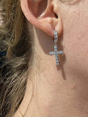 Solid 925 Sterling Silver Men & Ladies Dangle Cross Hoop Earrings Iced Out Flooded - Aretes #TOP6