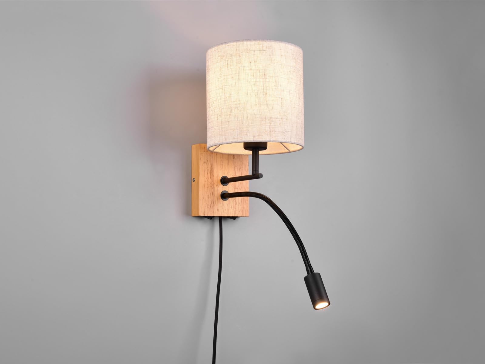 Wandleuchte mit Leselampe, Schalter, Kabel und Stecker, Stoff Lampenschirm rund Leinen Beige, Wandplatte Holz, Höhe 30cm inkl. stufenweise dimmbarem E27 Leuchtmittel, Design skandinavisch