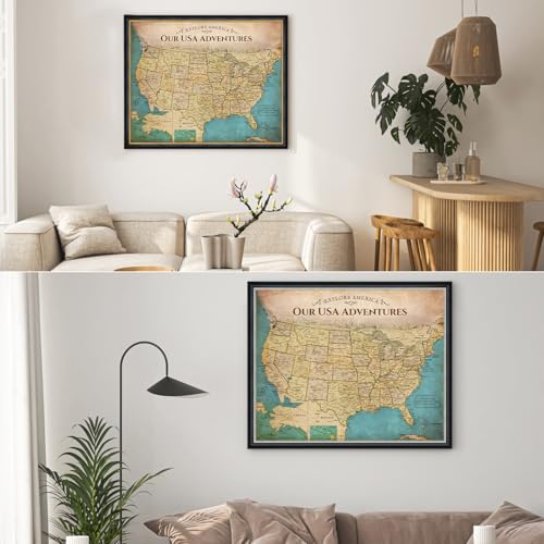 Image of DECORARTS - Large Personalized Push Pin Travel Map USA, Custom Name, Pin Board Canvas Wall Art, Antique Old United States Decor, Optional Wood Frame, Giclee Print, Handcrafted in USA, 35x28''