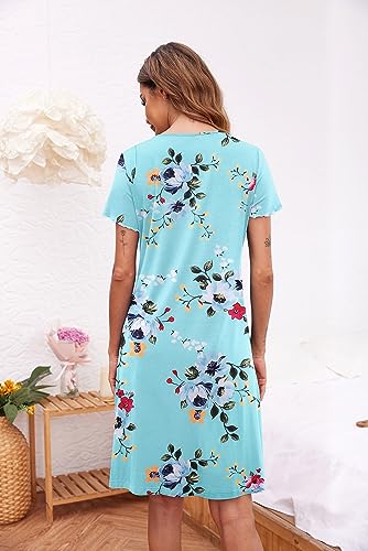Image of Ekouaer Women's Nightshirt Short Sleeve Button Down Nightgown V-Neck Sleepwear Pajama Dress