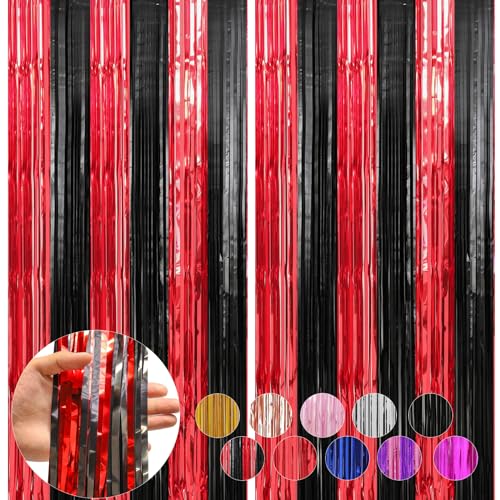2 Pack Red and Black Foil Fringe Curtains Streamers Party Decorations 3.3 x 8.2 ft, Tinsel Curtain Fringe Backdrop for Parties, Door Fringe Birthday Streamers, Photo Booth Backdrops, Party Decor