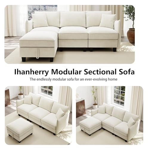 Image of Ihanherry 85.8 inch Modular L-Shaped Sectional Sofa, Modern 4-Seat Cloud Couch with Storage Ottoman, Comfy Chenille Convertible Furniture Set for Living Room, Apartment, Easy Assembly, Beige